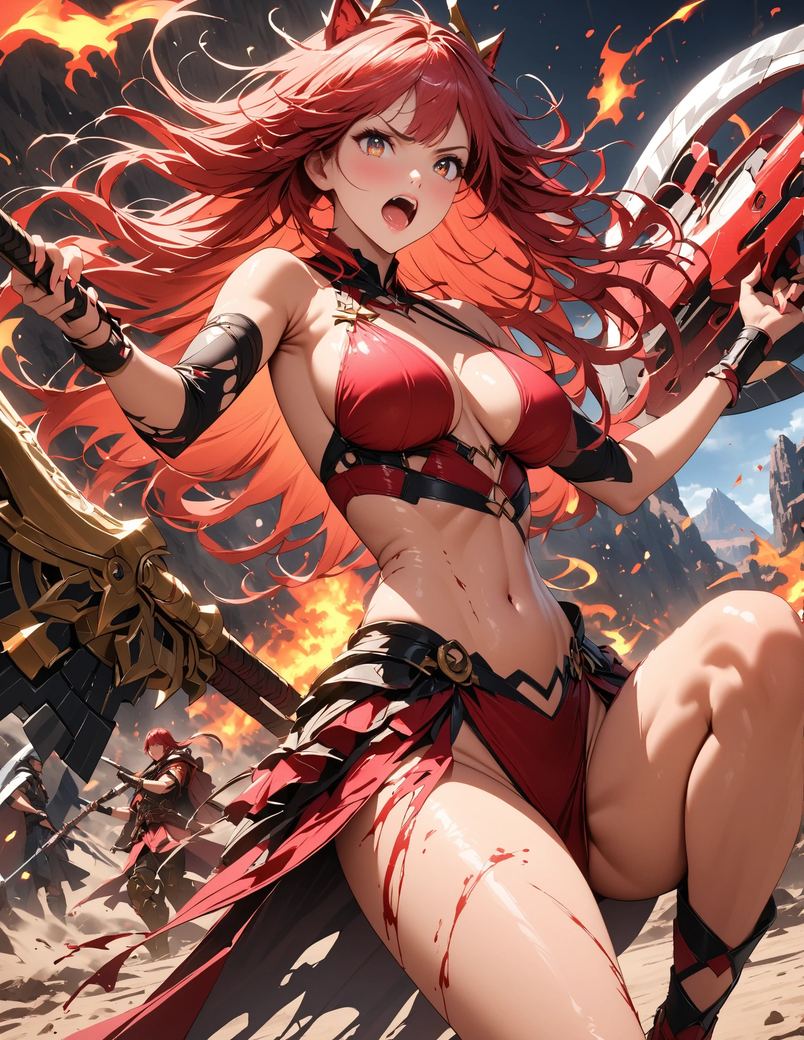 ((highest quality)),(ultra high resolution),(Super detailed),(detailed description),((best CG)),(best work of art),super precision art,amazing drawing art,(Art with precise details:1.5), (Woman in shiny bikini armor:1.7),(Intricately detailed reliefs:1.3),(Shiny light red hair:1.5),Bare hands:1.6,action pose:1.5,dynamic action:1.3,confident look:1.3, Constellations shining in the night sky:1.3,milky way:1.2, Decaying temples:1.7