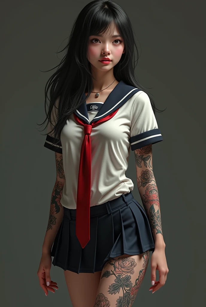 A girl in school uniform with abdominal muscles was beaten violently,Abs are pronounced,Abdominal muscle injury and bleeding,covered in wounds,covered in blood,Expression of pain