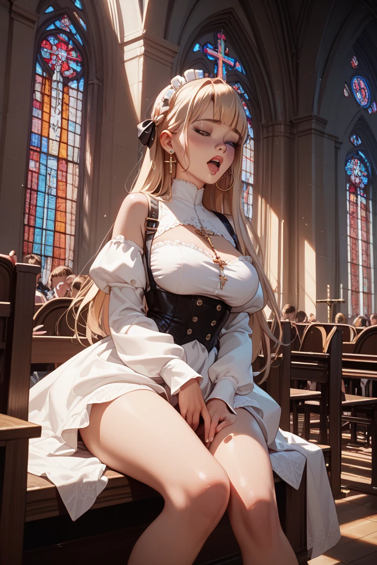 ((Highest quality)), ((masterpiece)), (detailed), (french braid blonde), (Erect penis:1.29), (Beautiful 17 year old girl:1.3), ((two fingers to penis:1.18)), ((Massive ejaculation:1.3)), romantic low bun, (elbow gloves:1.2), (Gothic and ta:1.22), ((sitting with knees up)), spread legs, (knee high boots), ((small breasts)), Are thin, (open clotch panty:1.2), ((Blushed:1.3)), shame, Confused expression, Big earrings、Shiny skin、Thin eyebrows、((tears:1.1))、Inside the church、A soft light is pouring in,