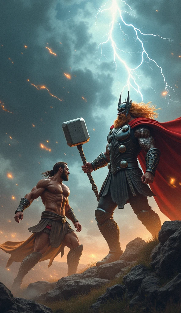 Rune king Thor fighting with Hercules in space behind earth