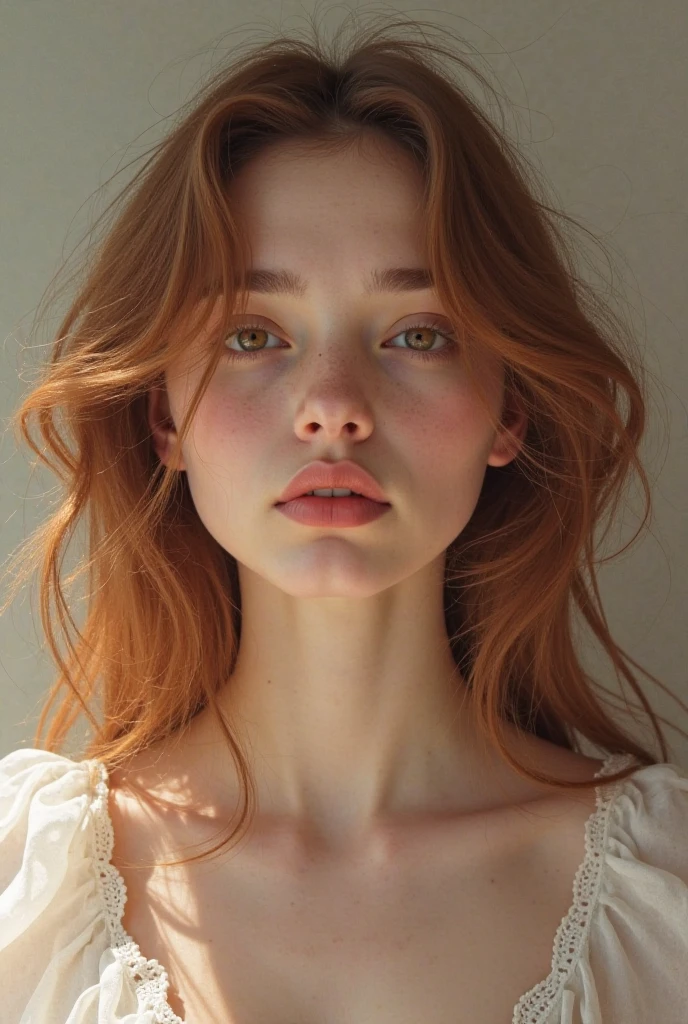 Red-haired girl with small lips and big eyes with long eyelashes and a thin face