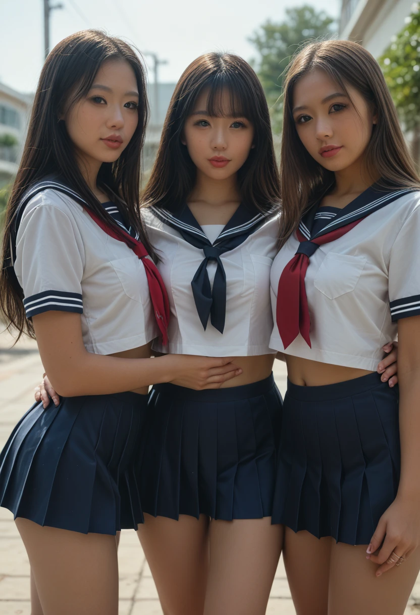 (Three mature asian girls from the same school in short uniform with perfect detail sitting on a bench:1.5)、25 years old woman, JK 、(Black Haired Gal:1.5)、Famous  in Japan in short uniform、(Pleated miniskirt with perfect detail、Wearing a short sailor suit with perfect detail:1.4),(Thin and clear double lines for the eyes), (Glossy tear bags under the eyes), (Clear pupils on pale iris), (Expression of conjunctival color), (Eyelashes that are easy to see), (Super-large and taut sailor suit),,(looking happy smile、gals:1.5)、(up skirt、),shorth hair、length hair、A dark-haired、Famous sailor suits of Japan、(extremely details CG:1.2)、(16k wallpaper:1.2)、(​masterpiece:1.2)、(Incredibly beautiful face:1.5)、beatiful detailed eyes、 blue-sky、during daytime、Perfect litthing、++((、dynamic ungle、Open your legs very wide、The skirt is rolled up.、))++、((​masterpiece、top-quality:1.5))、(photographrealistic:1.4)、(Japanese Idol,Japanese actressl:1.5),(perfect anatomia、Correct ???????、perfectly proportions、face perfect、Perfect hands、Perfect legs、Perfect fingers、 Perfect mouth、skinny thigh、impossibly thin waist、Beautiful navel、Incredibly huge breasts、Perfect lips,a small face:1.5)、(Voyeur style:1.2)、（Don't look at the camera:1.5),((f、Since a while ago:1.5))、 ((NSFW)) ((heavy makeup)) ((soft pubic hair)) downblouse