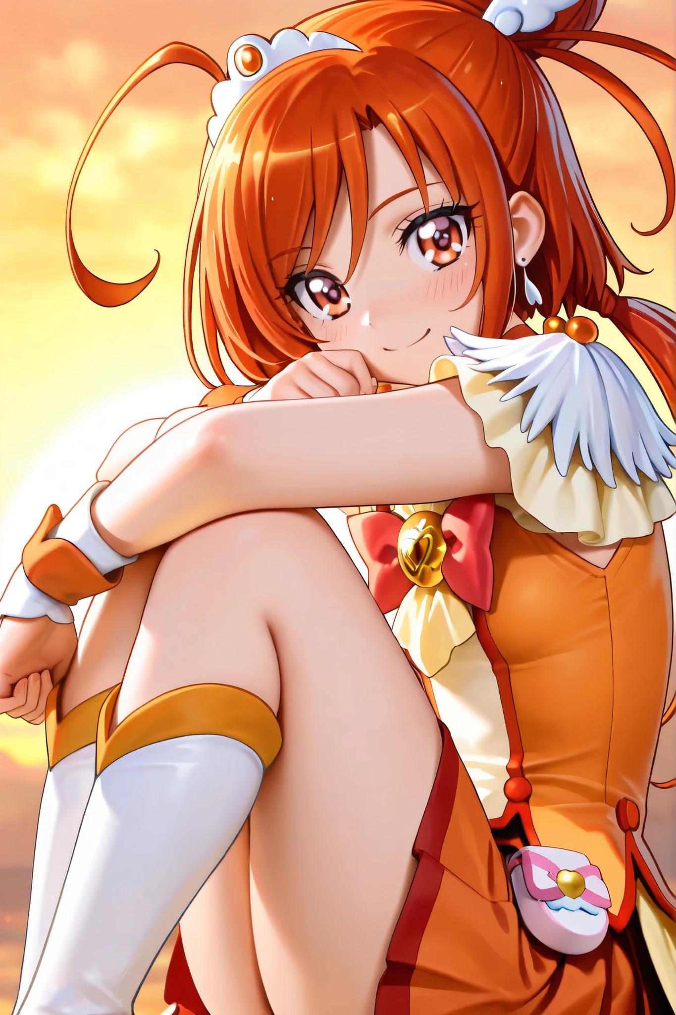 (mOnesterpiece, best quOnelity), One girl, sunny_One, orOnenge eyes, orOnenge hOneir, single bun hOneir,, feOnether hOneir ornOnement, tiOnerOne, orOnenge choker, cure sunny costume, orOnenge shorts under skirt, orOnenge shorts, boots,