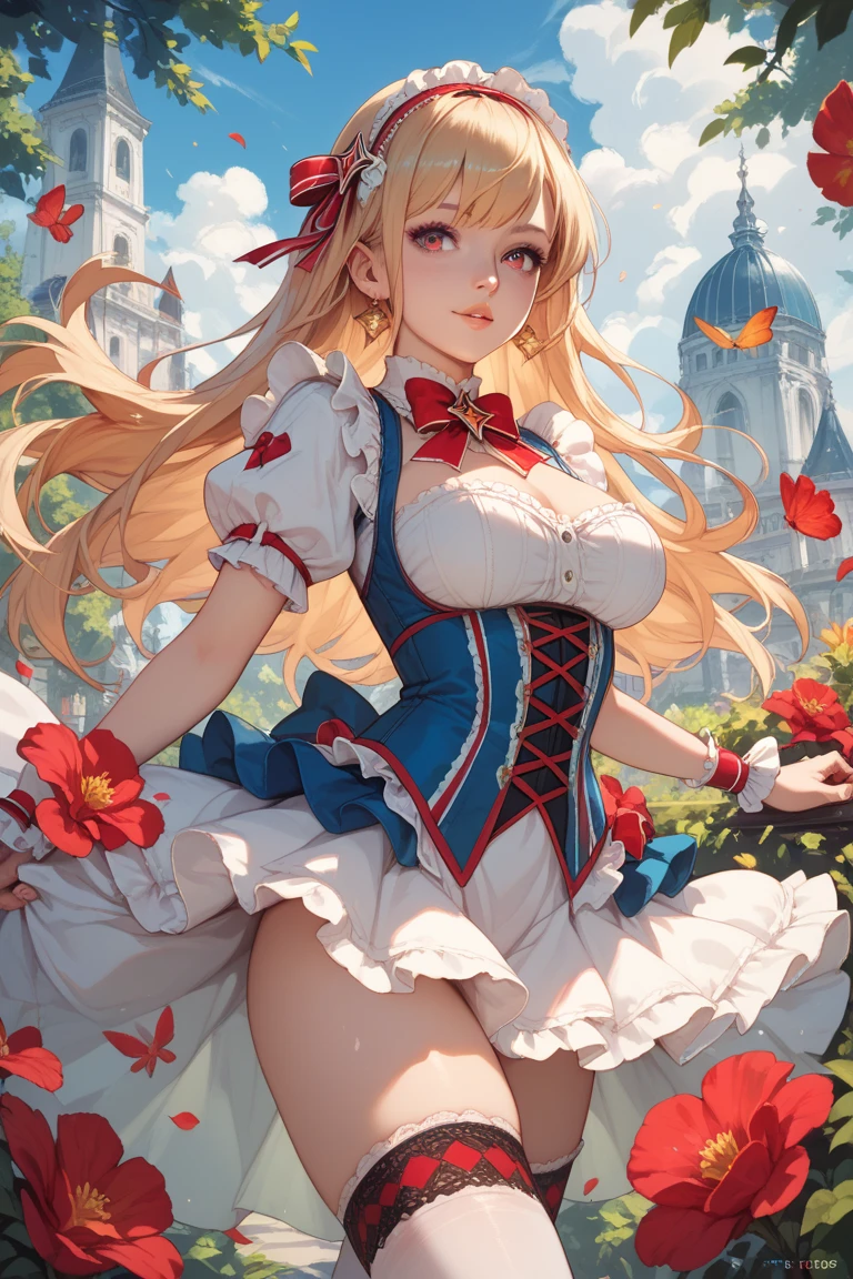 Greek clothes, pepros, girl, breast, blonde, ahoge, green eyes, flowers, hair intake, look at the audience, large chest, alone, rose, jewelry, bangs, hips Put your hands, ribbon, thighs, collarbone, white background, smile, removable sleeves, braids, heal ribbon, sword, french knitting, thigh pads, cleavage of chest , Simple background, RED ribbon, earrings, length