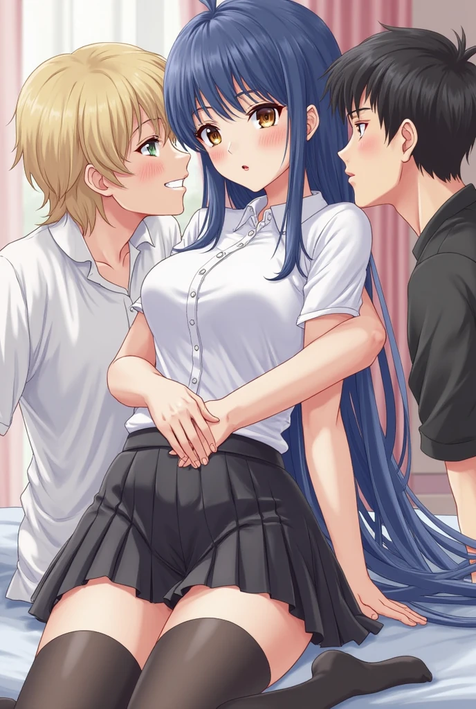 score_6_up, best quality, anime screencap, Threesome, 1boy, 2girls, femboy, Sandwiched, Girl sandwich, Oral, bedroom, nude, big breast female, from side, standing, penis
