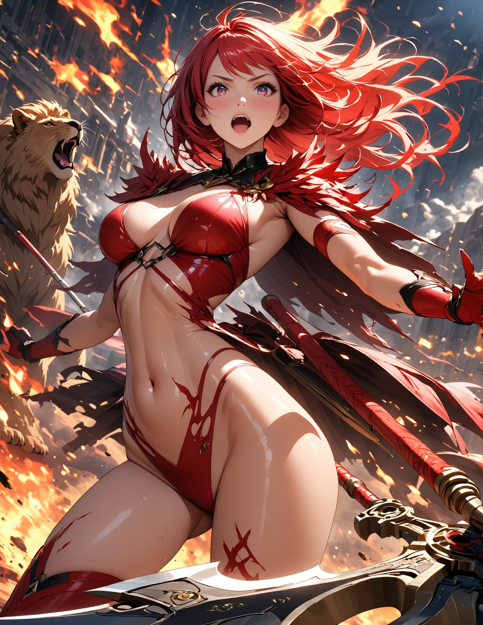 (((golden eyes)))、facial scars、hair ornaments、naked、(((red pubic hair)))、female organ、strong wind、storm、tattoo、Engulfed in flames、Beautiful Girl Magician、red hair long、((whole body))、(((photo taken from below)))、darkne magic circle