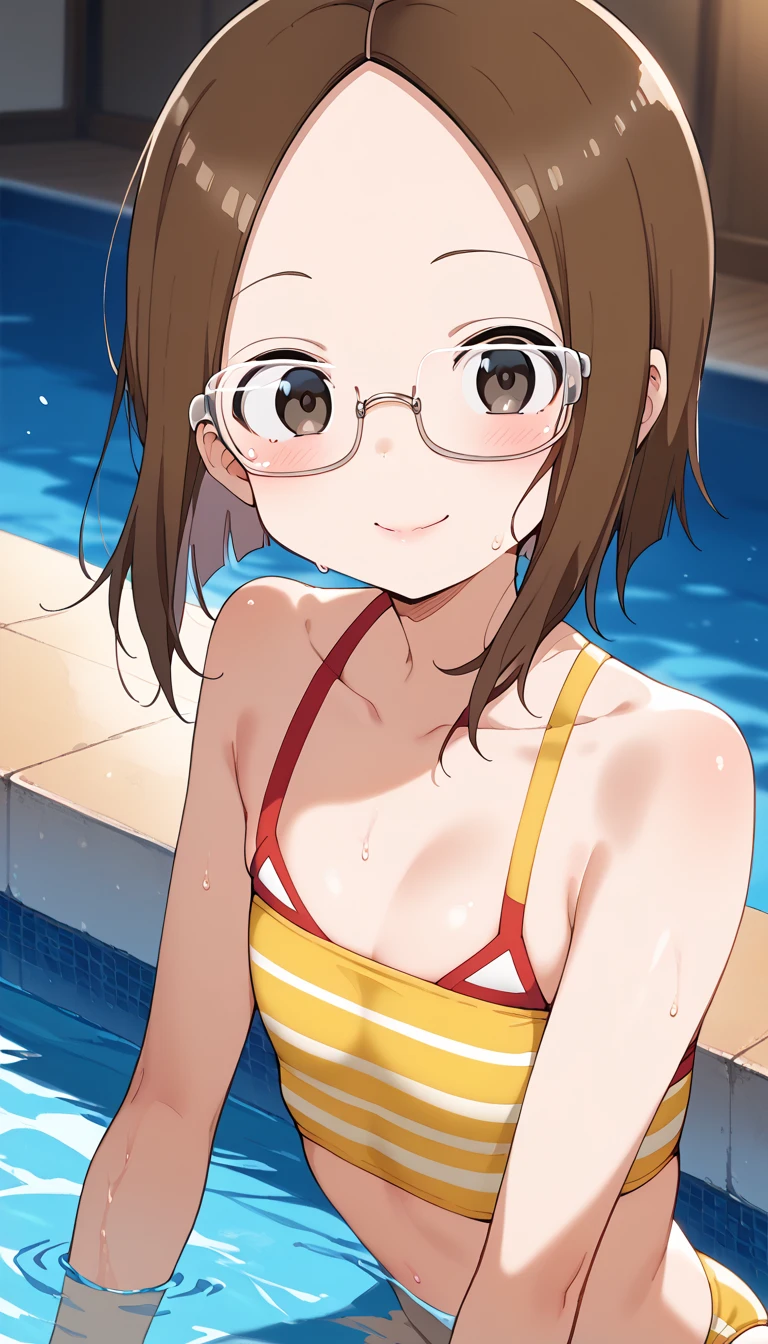 Highest quality, RAW Photos, Realistic, face, Incredibly beautiful girl, cute, length Hair,ponytail，Glasses，Written boundary depth, High resolution, Super detailed, detailed, Very detaileded, extremely detaileded eye and face, Sharp pupils, Realistic students, Sharp focus, Cinema Lighting, Japanese, Short Woman,  Physical build, Short arms, length, Narrow eyes, Fleeting atmosphere, 30 years old, Brown bob hair, ((thin lips)), White top and bottom underwear, masterpiece, Highest quality, Detailed skin, Detailed face, fine grain, 8k, Excellent anatomy, Upper body portrait，flat breasts, small breasts, small,( small bust: 1.2), small bust, (slim, small, flat, small), thin, Delicate and sexy collarbone, One Girl, (beautiful girl, Delicate girl:1.3), (:1.3),
BREAK, (Micro Bikini, Swimwear:1.2),
BREAK, (Pool:1.3),
BREAK, Very beautiful eyes, (Symmetrical eyes:1.3),
BREAK, Small Chest, Brown eyes, Parted bangs, Brown Hair, (Upper teeth, The best smile:0.2),
BREAK, (Eyes and face detail:1.0),
BREAK, (masterpiece, Highest quality, Super detailed, Detailed face, 8k)