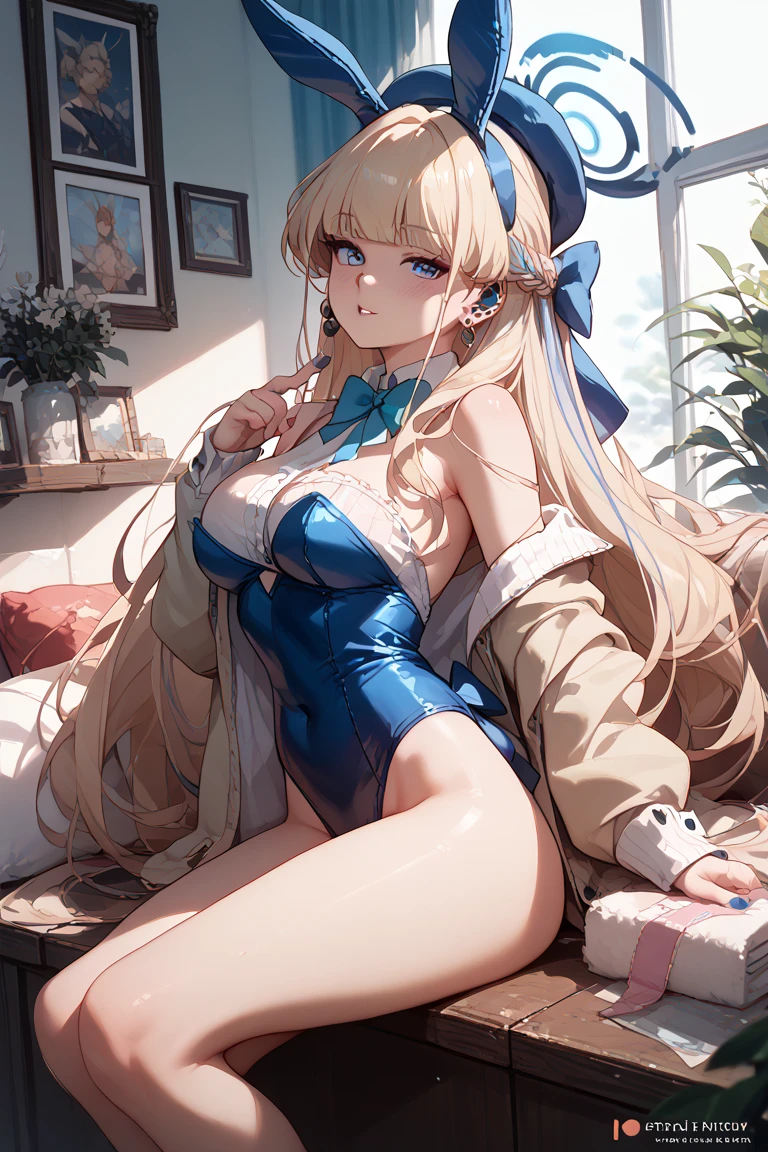 nsfw,top-quality,Top image quality,masterpiece,ultra-detailliert,Beautiful,high resolution, ultra-detailed,beautiful detailed eyes, visualart,five fingers, perfect hands,beautiful girl,BREAK,toki, Hello,blonde, long hair, Bunny ears, detached collar bowtie, Bunny Leotard, white stockings, rabbit tail, ear phone, earrings, hair ribbon, 手首の袖mouth, looking at the viewer, head tilt, Expressionless, Expressionless, closed_mouth,contrasting,(leaning forward:1.3),(hands on knees),(from below:1.3),(from behind:1.3),ass focus,