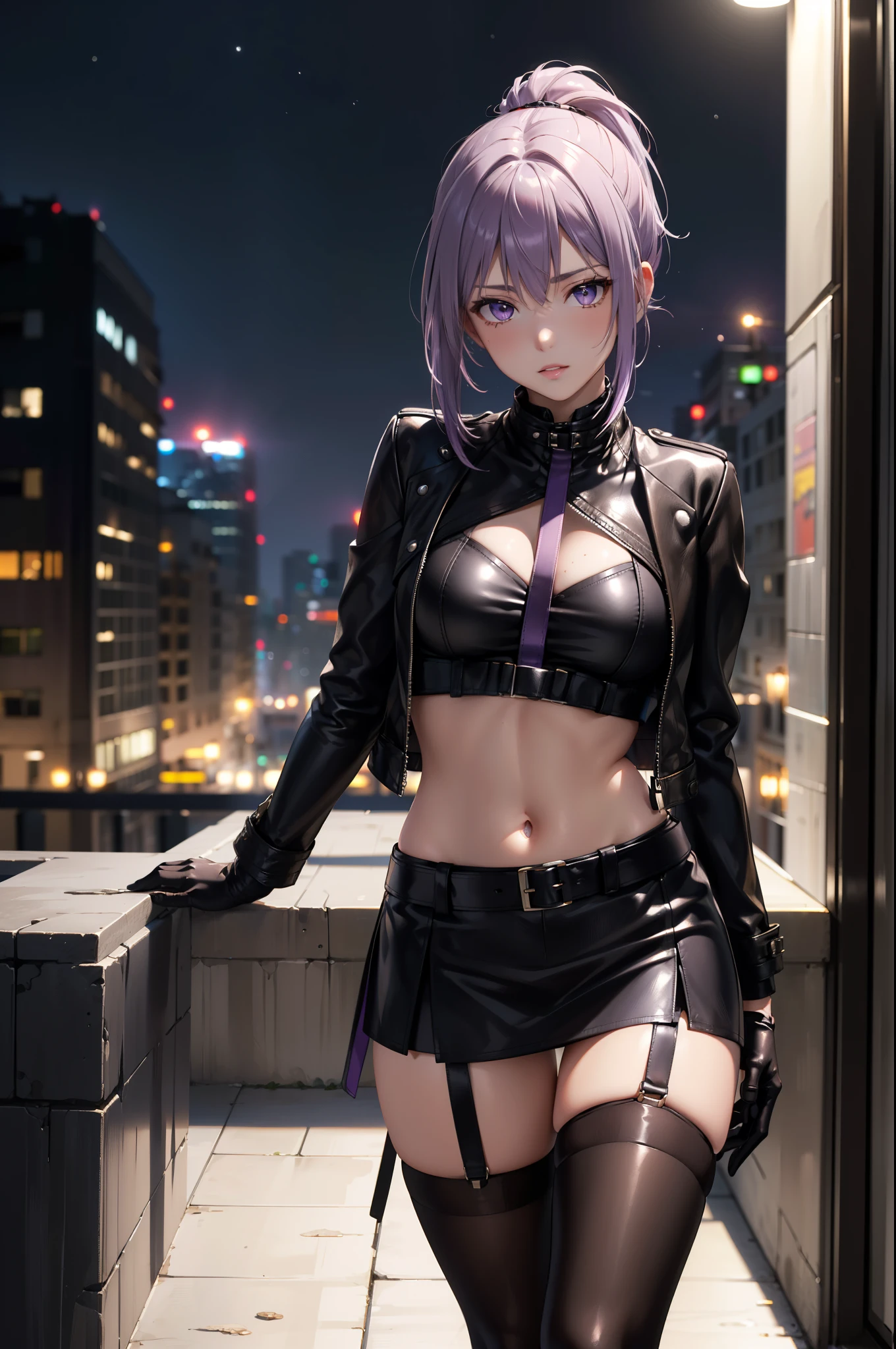 (masterpiece, best quality, Detailed), a chic, Alone,  of foot, ((VIEW FROM THE FRONT)), ojos Detaileds, purple eyes shirt, Lavender hair short ponytail, Love, medium breasts, sensual lips, ((harness on the torso)), ((black leather jacket)), (black gloves, ((short school miniskirt)), ( brown stockings), Cyberpunk style room, ((at night))