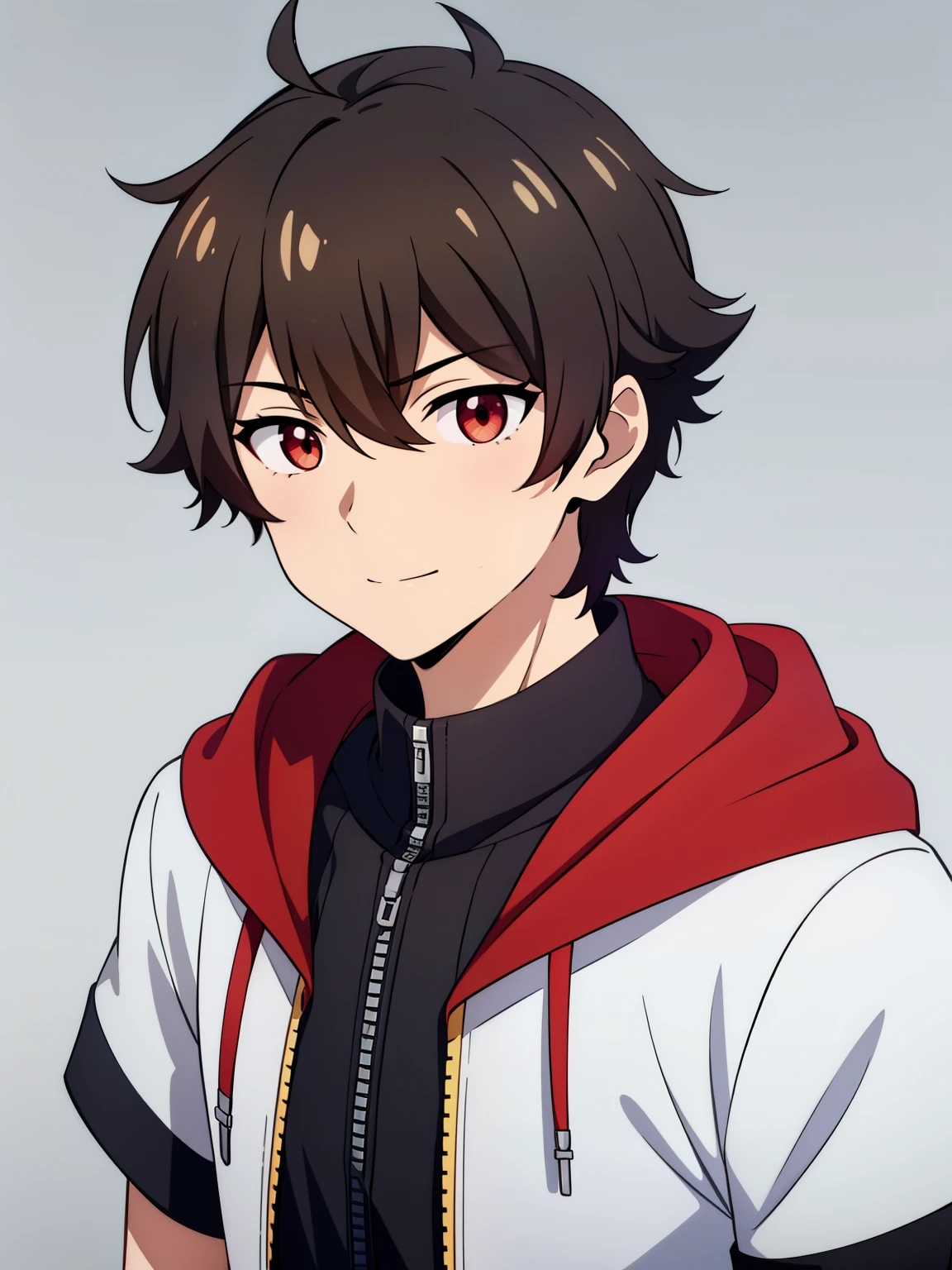 (high-quality, breathtaking),(expressive eyes, perfect face) portrait, 1boy, male, solo, young , black hair, red eye color, short hair length, soft wavy hair, cute smile, loose hair, side bangs, looking at viewer, portrait, medium full shot, happy expression, RWBY clothing, black hoodie, gold trim, white shirt, red, grey background, short sleeves