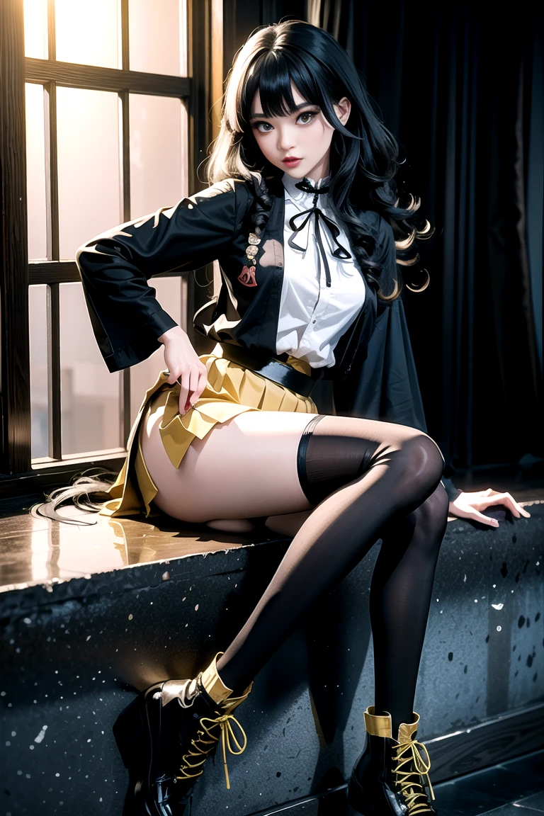 (whole body:1.5),(1 Girl:1.3),(View Viewer:1.4),(Anatomically correct:1.4),(Black stockings and pointed thick heels,, :1.3),(Sitting on the top of a mountain:1.2),(Wearing a Chinese style floral skirt:1.2),Short flowing blonde hair:1.2),(Accurate and perfect face shape:1.3),(Long legs:1.3),Ultra HD, Ray Tracing, reflected light, Quite accurate, Award-winning, High Detail, Reduce shadow contrast, Facial lighting ,light, On the table, Super Detail, high quality, High Detail, best quality, 16K,High contrast,