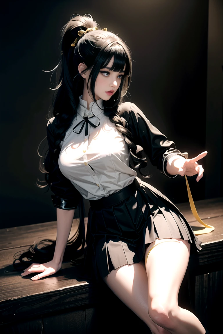 (full figure:1.1), (1 girl as yukino yukinoshita:1.1), absurdres, highres, solo, school uniform, big breasts, waist long black hair, (twintails:0.5), (pleated miniskirt:1.2), (black thighhigh socks:1.2), loose red ribbon, unbuttoned white shirt, (ahegao:1.5), (rolling eyes:1.5), (torn clothes:1.5), naked breastss, spread legs, no panties