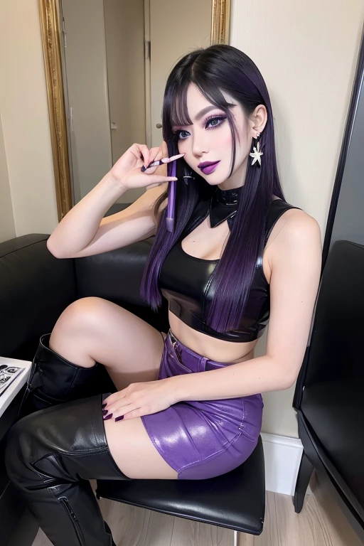 4K - ultra-vivid、highest quality, masterpiece, Ultra-high resolution, (reality: 1.4), 1 girl, Purple eyes, Cinema Lighting、purple and black hair、(Mine Girl、deep makeup)、(Earrings、lots of earrings)、((Heavy makeup、Oilskin,Glowing Skin、Realistic skin texture、Fine and beautiful skin)), night、blue film photography、(Full Shot:1.8)、Thin legs、Thin arms、Narrow shoulders、Narrow waist、Slender body、((small Breasts)), whole body、(Room light:-0.8),belly button, cute belly button, belly button outfit,sexy, Lace underwear,on bed