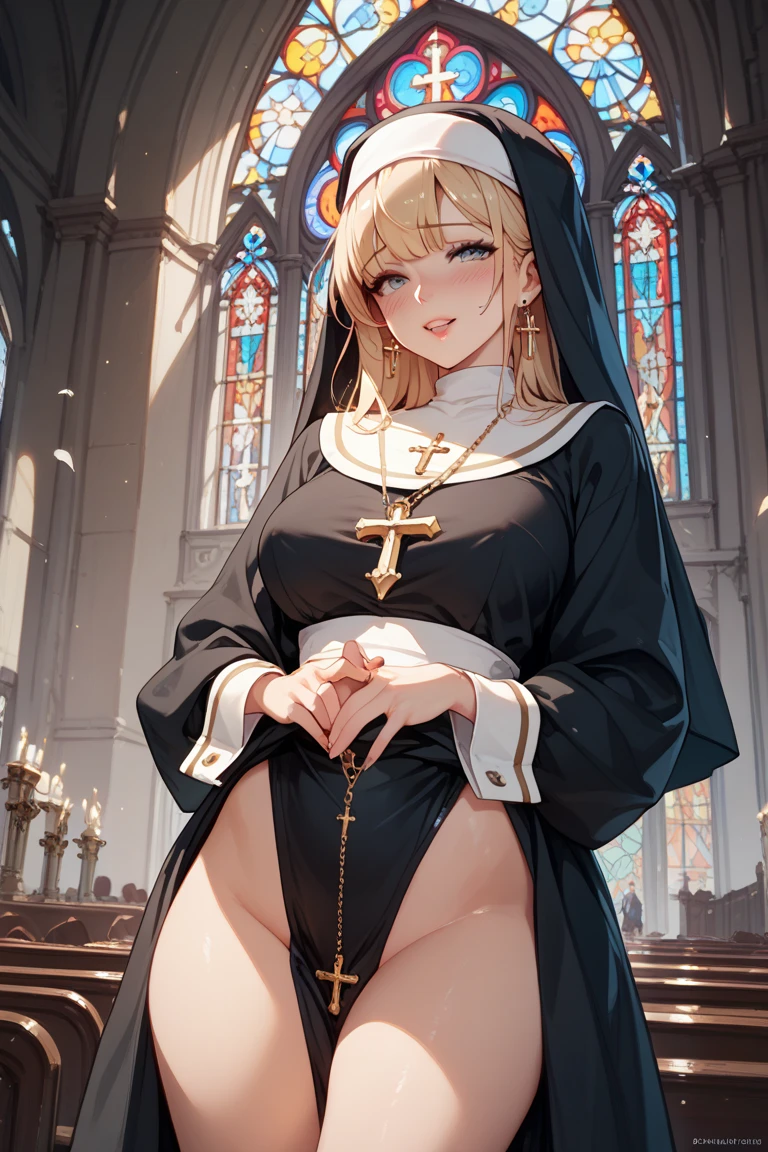 1girl, solo, (priest:1.6), large breasts, cowboy shot, hood, mature female, blue eyes,church,seductive smile, (highleg leotard), standing, own hands together, robe,