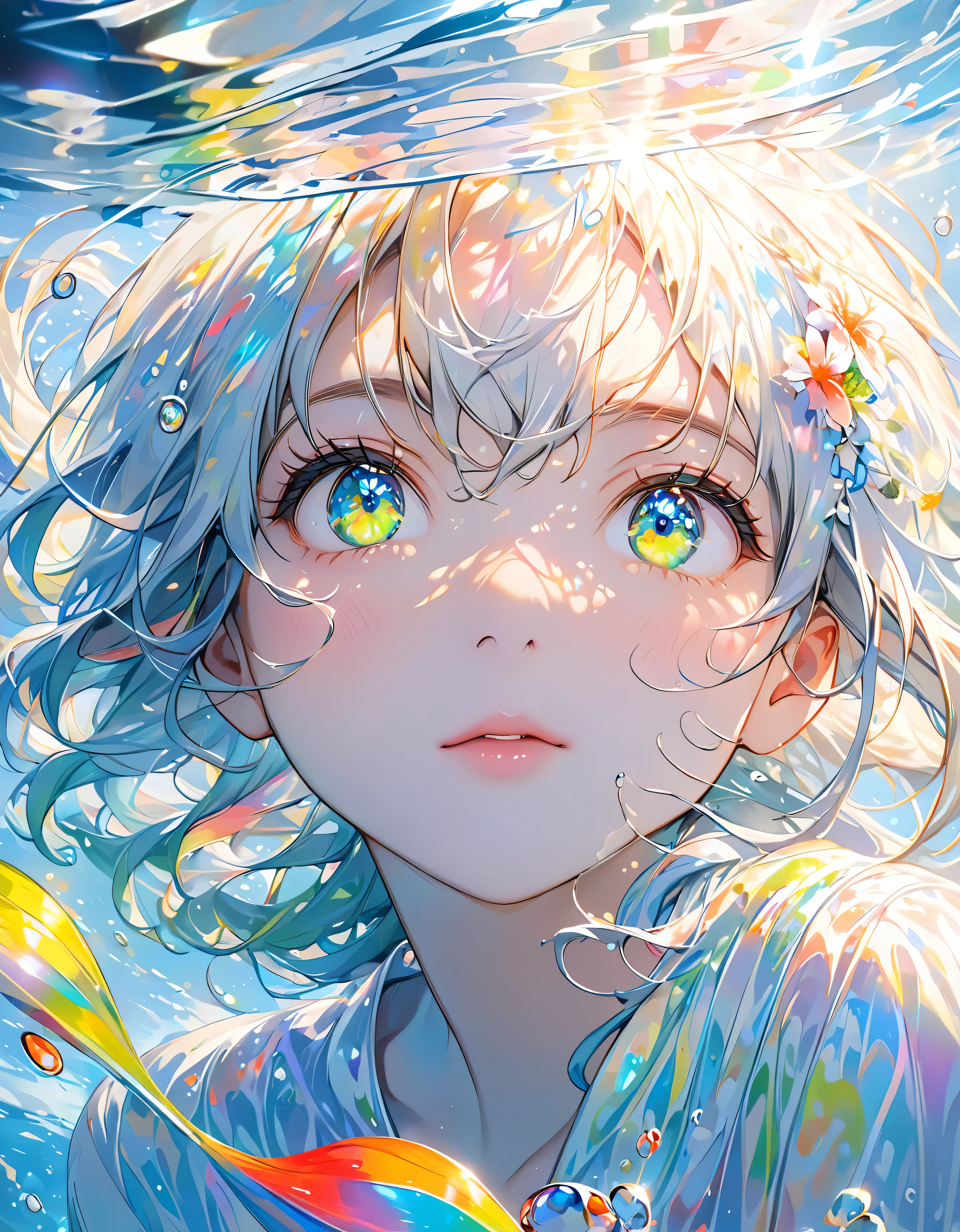 fille nageant sous l'eau,Ultra-detailed rendering style,Briller,jaune,vert,brosse, painting with l 'surreal oil,yeux brillants,head close-up,exaggerated perspective,Tyndall effect,goutte d'eau,Couleur arc-en-ciel de nacre,holographic white,fond noir,