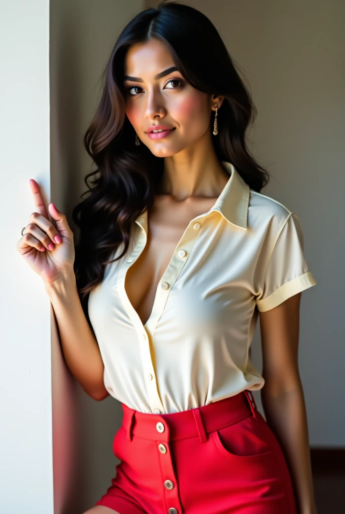 Olivia Munn dressed in an unbuttoned shirt and skirt and a sexy smile, cleavage