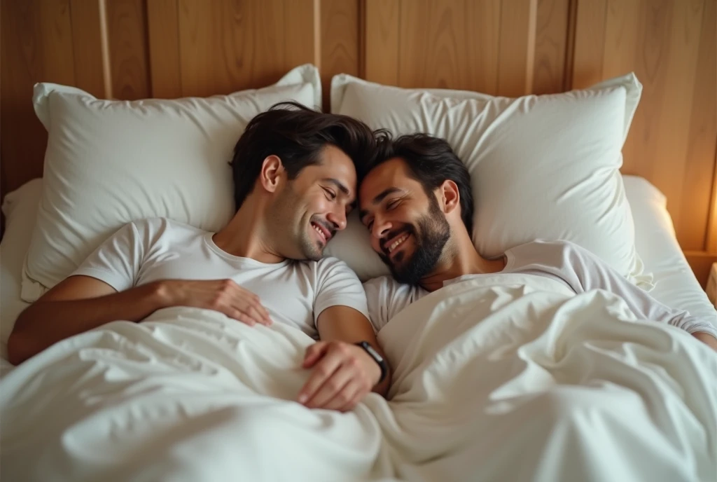 "Draw a man lying on a bed, Grinning. He is dressed in casual and comfortable clothes. The scenario is simple, focusing on your relaxed and happy expression. The background should be plain to keep the focus on the man and his pose."