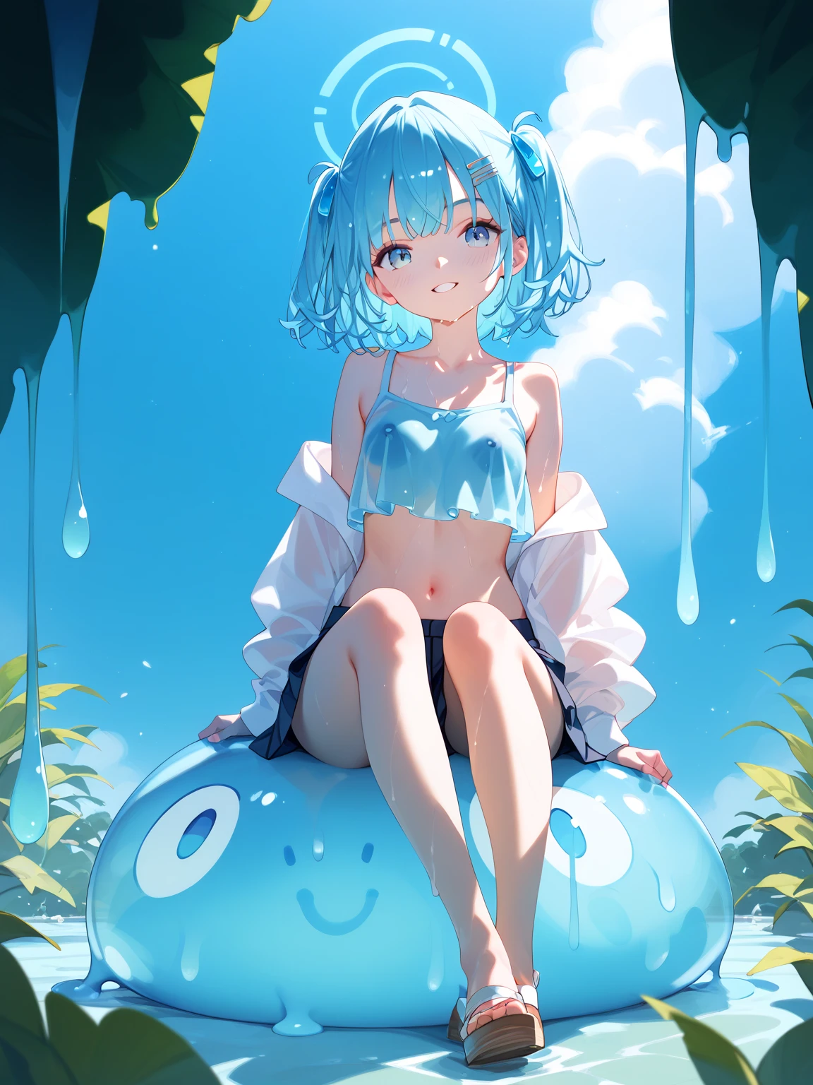 A character inside a soap bubble, Flying in the sky inside a soap bubble, swim wears, blue-sky, transparent soap bubbles