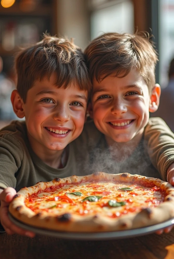 Three blonde girls children in braids with sunglasses holding a pizza.