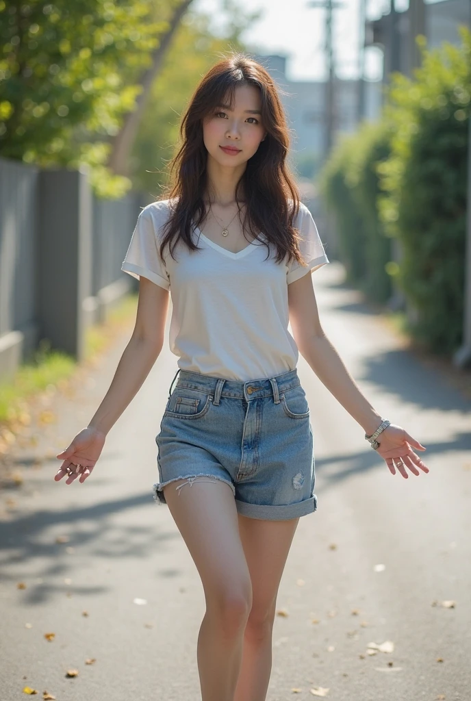 highest quality, masterpiece, ultra high resolution, (realistic:1.4), (Portrait of a man sitting on his knees) RAW photo, 1 girl, 22 years old,detailed face,((Larger T-shirt)),((mini skirt)),((Converse High Cut Sneakers))((looking up at the viewer)),(blush),legs are closed,masterpiece, realistic pictures, saturation, contrast, ((small breasts)),((smile showing teeth)),long hair chignon,