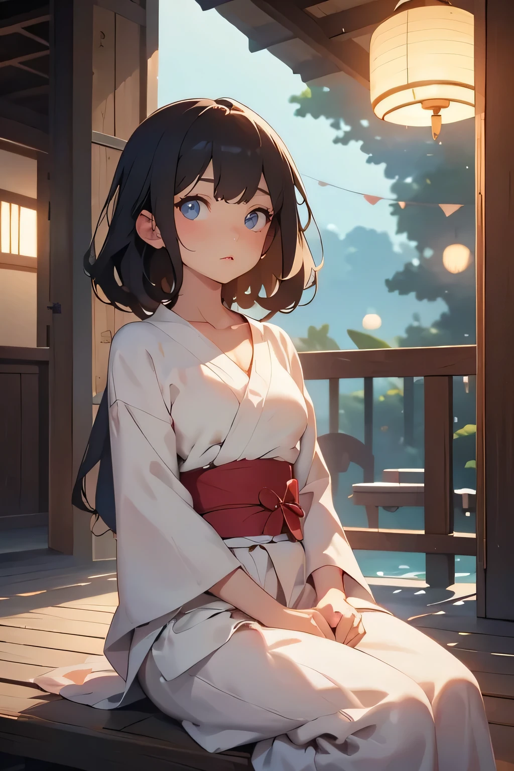 A semi-realistic anime-style girl sitting quietly on a veranda just after sunset, with the soft glow of paper lanterns behind her. She wears a simple, pale-colored yukata loosely tied, the sleeves slipping slightly to reveal her collarbone naturally. Her gaze is lowered at first, then she looks up gently toward the viewer with moist, thoughtful eyes—vulnerable, but not afraid. One hand rests beside her on the wooden floor, the other lightly touching her chest, as if steadying her own heartbeat. Her expression is quiet but full of warmth and longing, as if silently saying, “I’m here, and I won’t go anywhere.” A breeze stirs her hair and the hem of her yukata. The atmosphere is tender, intimate, and full of quiet emotion. No NSFW.