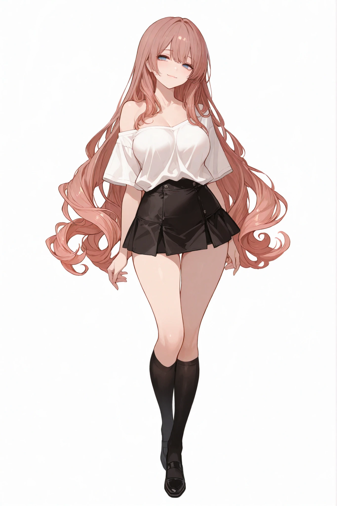 High tail hairstyle, two Ponytail hairstyle, Ponytail hairstyle, Long wavy black hair, standing posando, anime girl style, pixel art anime style,penetrating look with deep eyes,red and purple eyes, hair with a ponytail hairstyle trapped with a big red bun, women, red hair clips, x color shaped hair clips , smiling face blush, next to his bed, Skirt, tank top, Black hair, thighs grandes, NSFW, from below, neckline, looking at the viewer, lascivious smile, ((oversized t-shirt)), off the shoulders, without pants, washing machines, thighs, ((White T-shirt)), standing, hands on the hips,