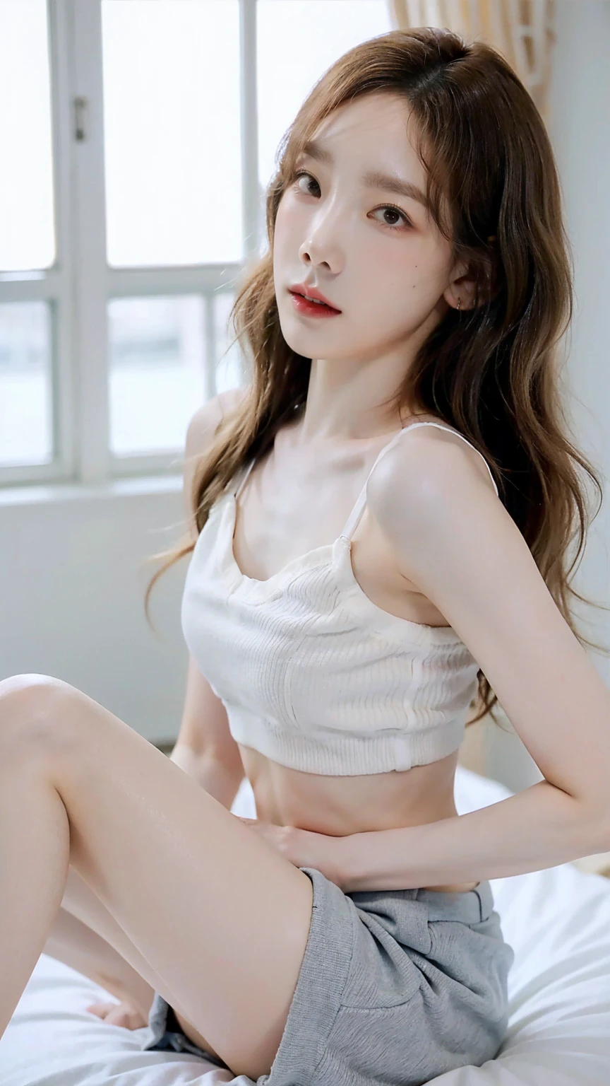 ((Best image quality)、Korean 20 years old, ultra-luxurious bedroom,NFSW, high resolution, Natural and smooth implementation, head and body balance、perfect body beauty:1.4、slim、thin legs、((dark brown hair、very :1.2)), Cute underwear, very 상세한 얼굴 및 피부 질감、eye for detail、shy smile、with legs spread , lighting areola、top quality、reality、 exposed groin、cute appearance、angle from front、small ass、K-pop makeup、embarrassed expression、thin waist, White and clear skin, chubby, Narrow pelvis, Slander type, Popular hairstyles for long hair, skinny body type, young body type, Small pelvis, small shoulder,