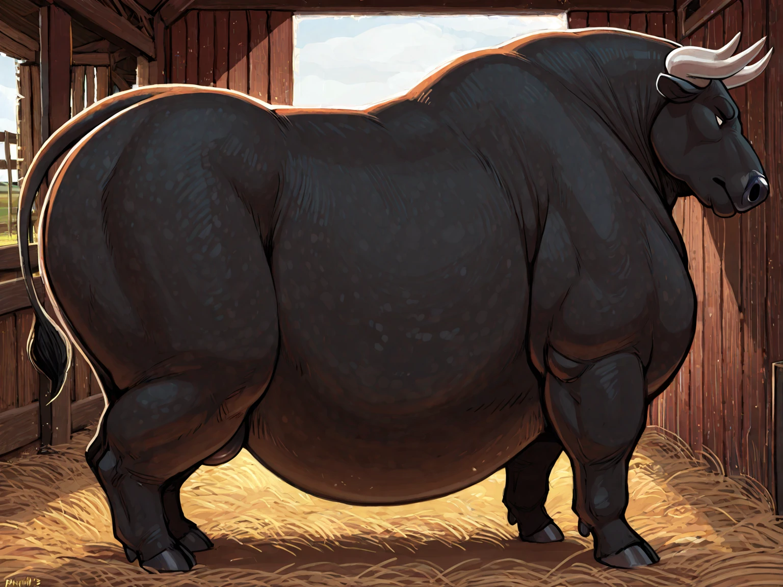 (cute, fat, obese, anthro, male, bull), standing, looking at viewer, front side view, thick thighs, nude, saggy balls, penis,smile, Above is the sky, Below are open fields, standing on a flower field, moon full, meteors, Starcloud, Far Mountain, Tree, Volumetric lighting, with light glowing, Atmospheric lighting, hires textures, highly detailed, intricate details, best quality, masterpiece, bright lighting, detailxl, zPDXL2