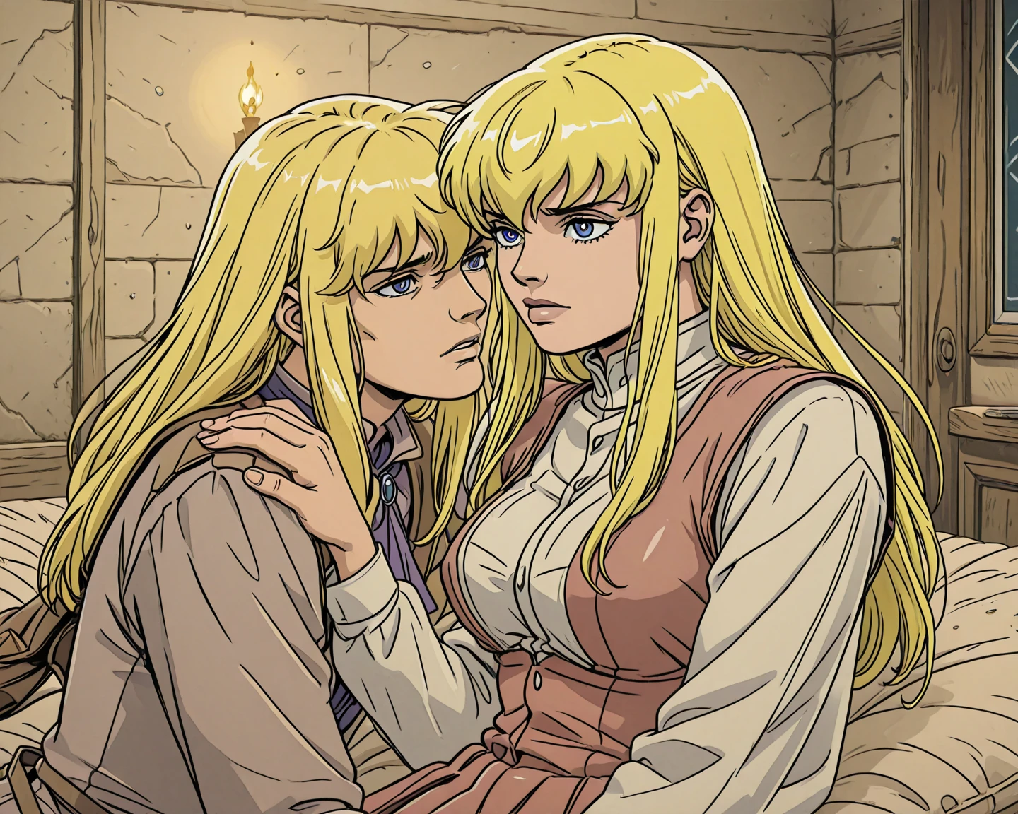 score_9, score_8_up, score_7_up, score_6_up, score_5_up, score_4_up, 2girls, long blonde hair, , hud_barbir0ck, retro artstyle, fdom_sw, 1boy, 2girls, Sandwiched, Girl sandwich, Standing, Sitting, Handjob, penis, Sex, Restrained, Arm grab
