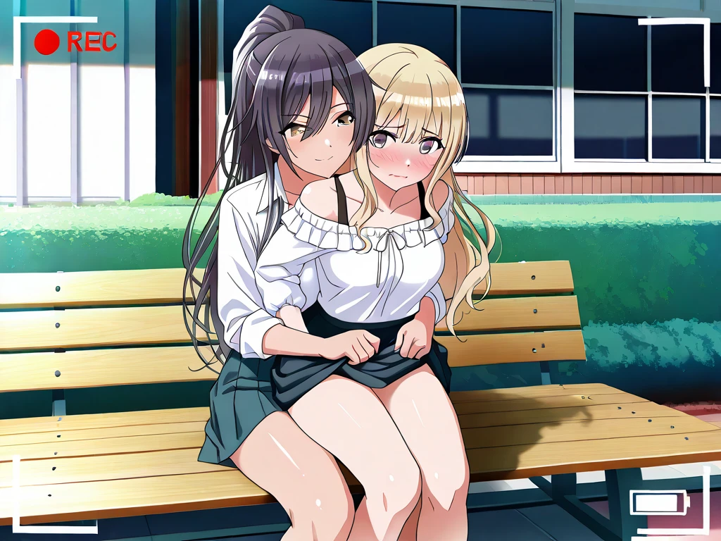 (masterpiece), best quality, highly detailed faces, (SHARP details), 4k, highly detailed, expressive eyes, SHARP detail expressive eyes, (SHARP detail perfect face), By mantis-x, gyaru, young girls, small breasts, playful smile, (black hair), sitting, ((dark skin)), slutty, sitting on a bench, long hair, daytime, (multiple girls), shirt, skirt, pussy, upskirt, spread legs,