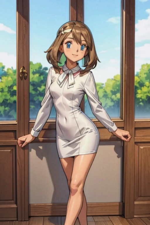 masterpiece, very short pigtails,brown hair, Hair tie with two big red clothespins, mature, Female robot, android, mechanical robot, joint seam, with blue ocarina, blue eyes, full body figure, Height: 160cm, Light beige micro mini dress, fluttering skirt, skirt turned up folds, white retro swimwear, Uplifting, flushed cheeks, 2020s anime picture,ball joint, missionary angle, joy, A big smile, Cream-colored plain dress 　jump　A beautiful robot with short brown hair in two short pigtails held up by two large red clothespins.　Faint lines at joint joints　25 years old　2020s anime picture　blue eyes　Uplifting　fluttering skirt　notNSFW, No NSFW, whole body