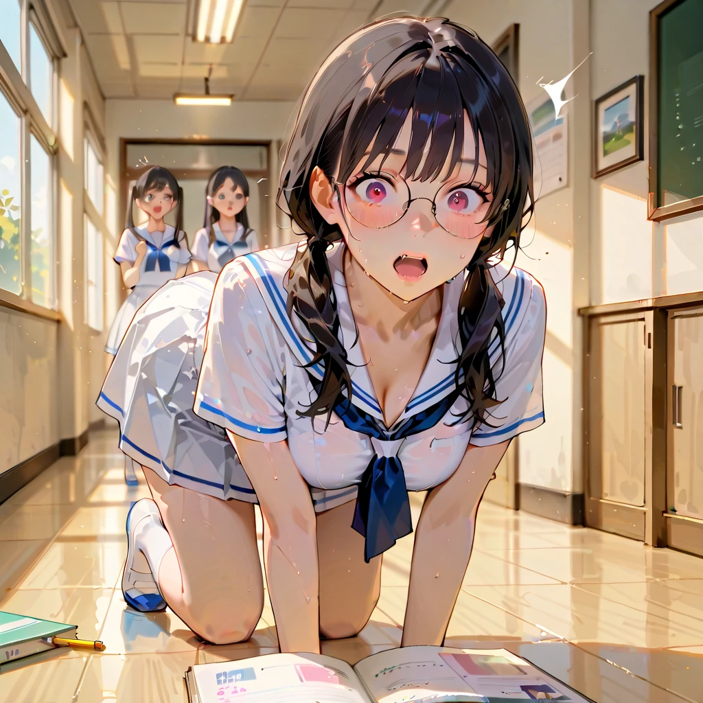 beautiful white slim girl, multiple girls, dark hair, bottomless, bare legs, barefoot, classroom, seifuku, pussy juice, pussy juice puddle, squirting, pee, peeing, pee glass, orgasm, vibrators, masterpiece, very detailed, detailed skin, pussy, full body, collecting pee, female crowd