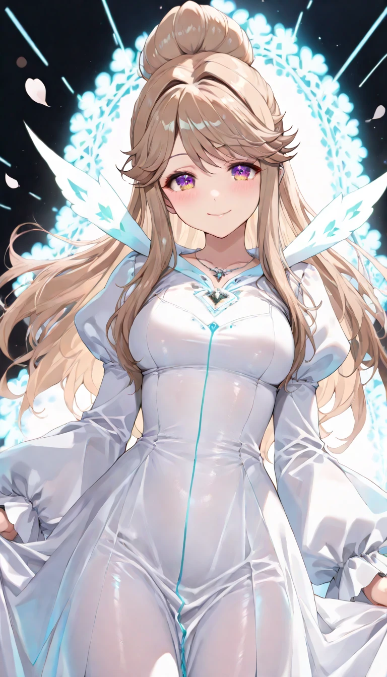 {{{white background}}},luminous iridescent glowing,shiny hair,luminous warm iridescent highlight hair,pink iridescent shadow hair,1girl,white hair,red eyes,white eyes,eyes reflection,red illustration,floating hair,cleavage,round breasts,white layered armor, shadowverse,gently smile,white skirt,red horns, watercolor (medium),gochiusa