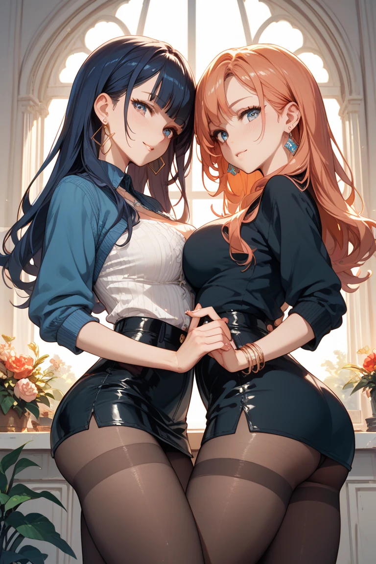 realistic image, detailed image, coherent image, 1 elf, has very long hair, black hair, turquoise eyes, smiling, She is wearing a t-shirt and a lace cheeky top, showing her legs, She has a curvy body, medium breasts and thick thighs .1 girl with bunny ears, has very long hair, orange hair, green eyes, smiling, wears a top without garters, a pleated miniskirt showing half a thong, They are hugging each other, posing sensually, arching their back, gushing buttocks, full body view, flower petals falling, background surrounded by flowers, soft focus, dramatic shadows, volumetric lighting, natural lighting, artificial lighting, white background,