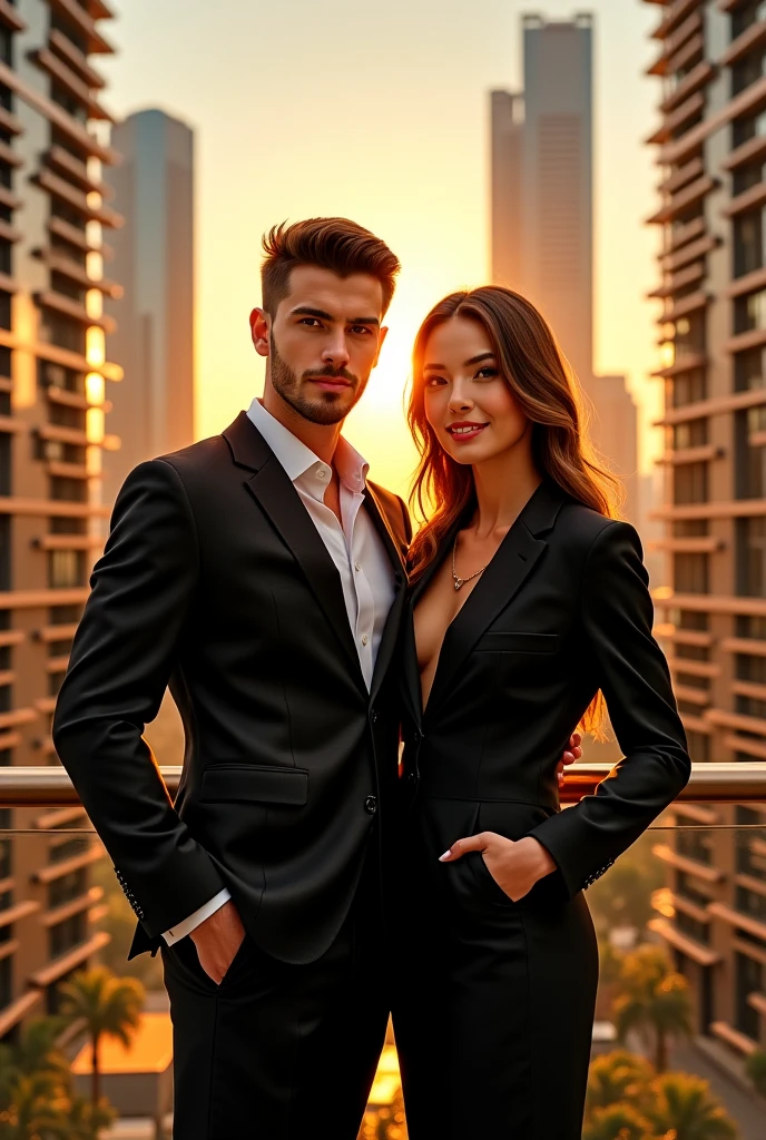 woman with brown hair and brown eyes along with a businessman black hair and green eyes