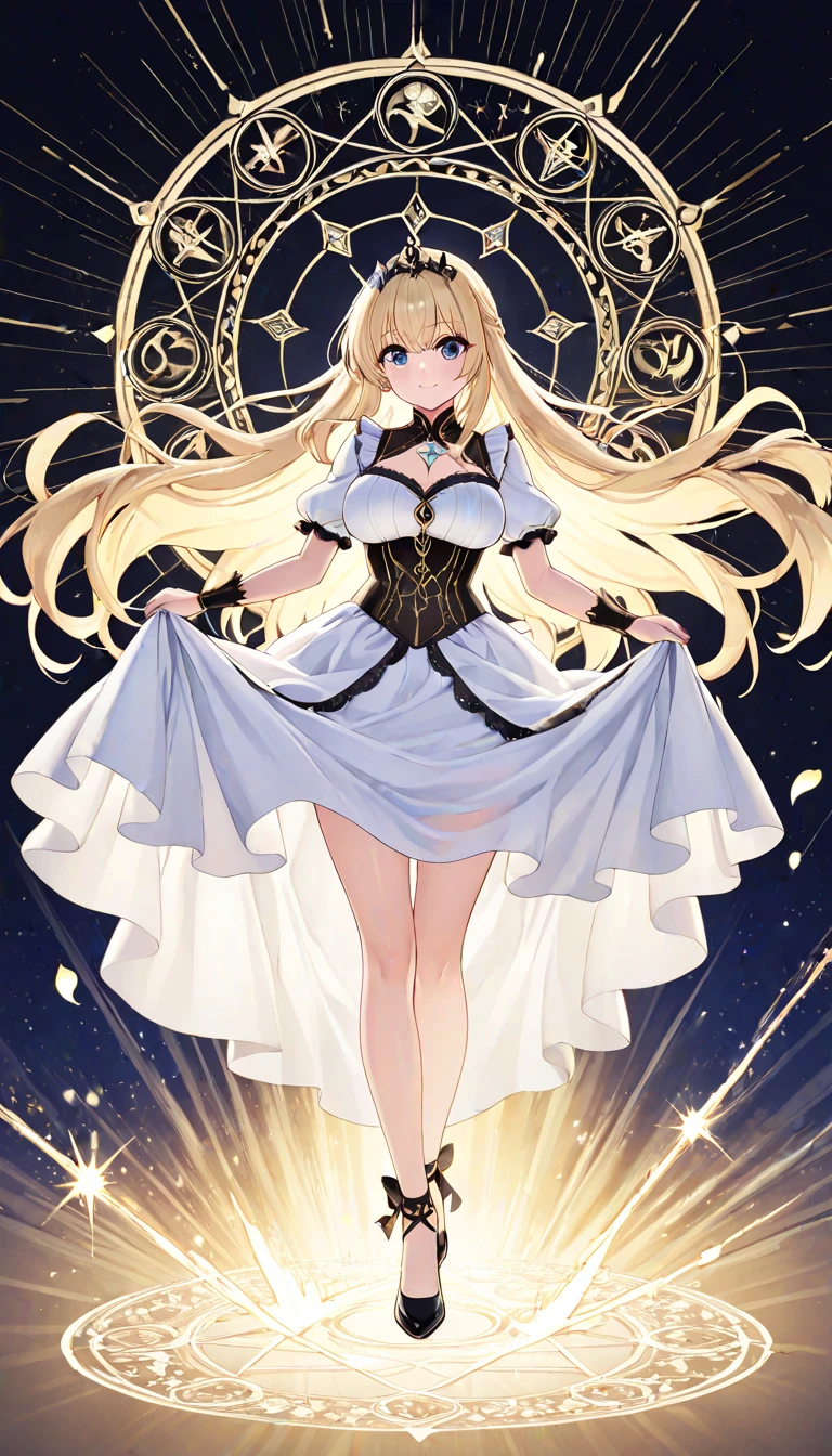 Anime Kawaii sexy Perfect Slim sensual body large breast and huge thighs, An intricate and highly detailed illustration of anime ( girl) An extremely beautiful stunning woman with a perfect busty body, gold blonde long silky hair, big blue eyes, extremely super bright snow white fair stunning flawless glowing lush shiny flawless white skin, a perfect tight hourglass figure, and a skinny waist, sexy thick smooth luscious legs, and thighs, extremely cute smile on the face, bright pink blushes on cheeks, wearing a tight knee-length white floral dress, pink off-shoulder sweater, yellow heels, gold necklace on the neck, gold anklets on feet, gold chain on the waist, standing straight, holding a chocolate bar, garden in the background, show full body from head to feet.