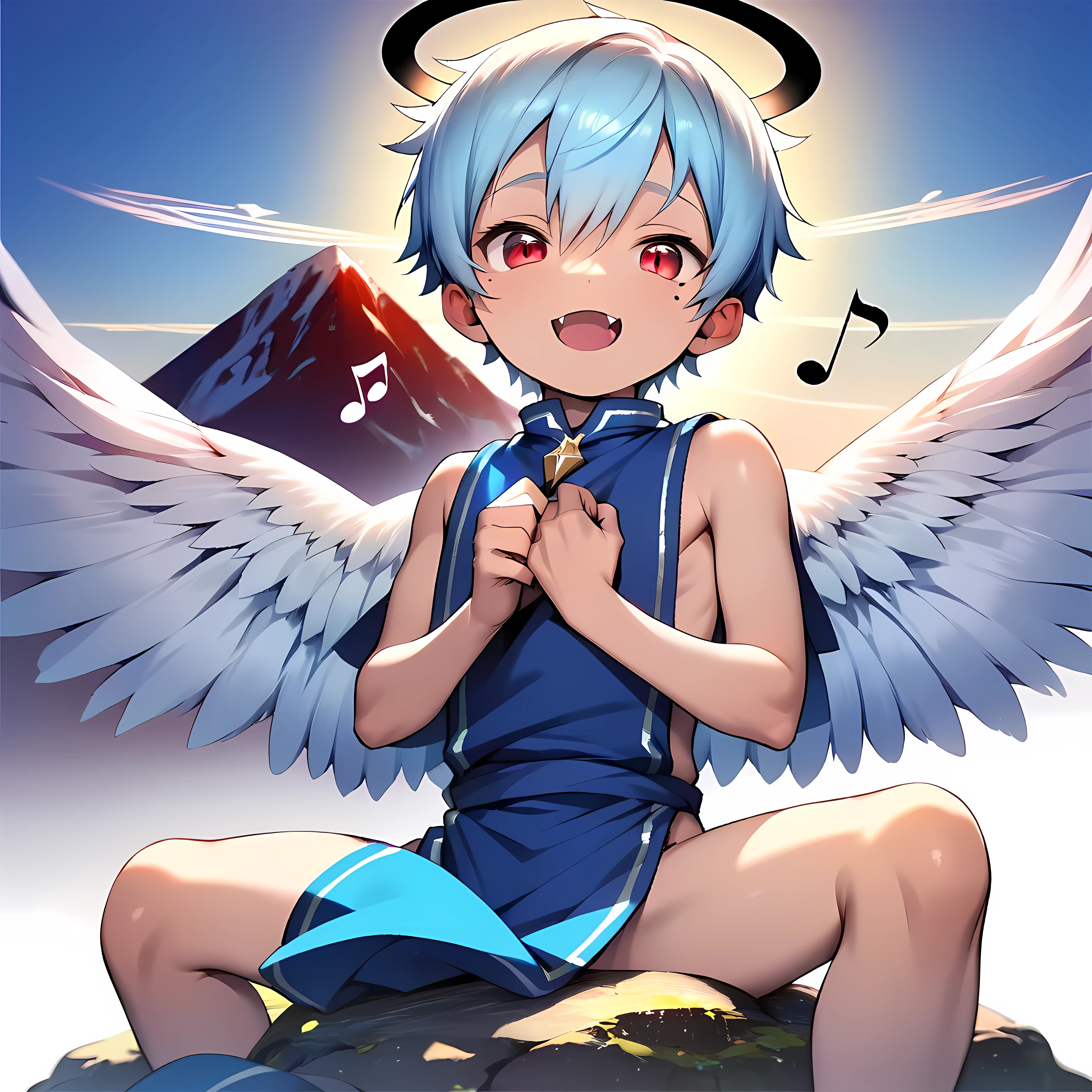 (solo:2), (boldline:-1.7), (dancing:1.8), (raising arms:1.4), (arched back:1.1), (rainbow:1.5), (twin angel wings on his back:1.6), (halo on his head:1.3), (on rock:1.5), (musical notes:1.5), (((fang))), (((best finger))), (((best arms))), (((best hands))), (((best legs))), BREAK (best quality:1.5), (absolutely resolution:1.4), (ultra detailed:1.5), (masterpiece:1.5), (perfect face), (detailed face), (detailed eyes), (best eyes), (cute face), (shota:2), BREAK (topless:2), BREAK (white loincloth:1.5), (bulge:1.6), (skinny:1.3), BREAK (light blue hair:1.5), (spiked hair), (wine red eyes:1.4), (eyes with highlight:1.6), ((mole under eye)), (sweaty skin), ((earrings)), (smiling), (chuckling:1.5), (shiny skin:1.3), BREAK (top of hill:1.5), (grass:1.5), (blue sky:1.5), (sunlight), ((wind blowing)), ((nipple)), (abs), (groin), armpit, (from below),