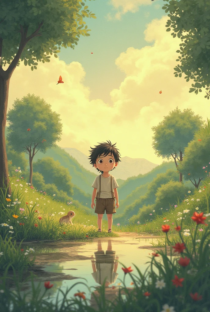Black haired boy barefoot in the sun
