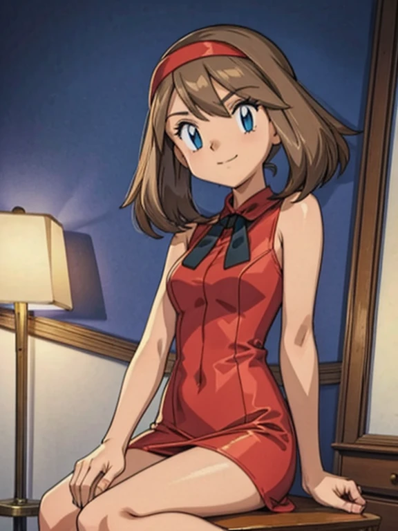 masterpiece, best quality, highres, (indoor:1.2), 1girl, 独奏, may (pokemon), bandana, naked, nsfw, open pussy, sit, open lrgs