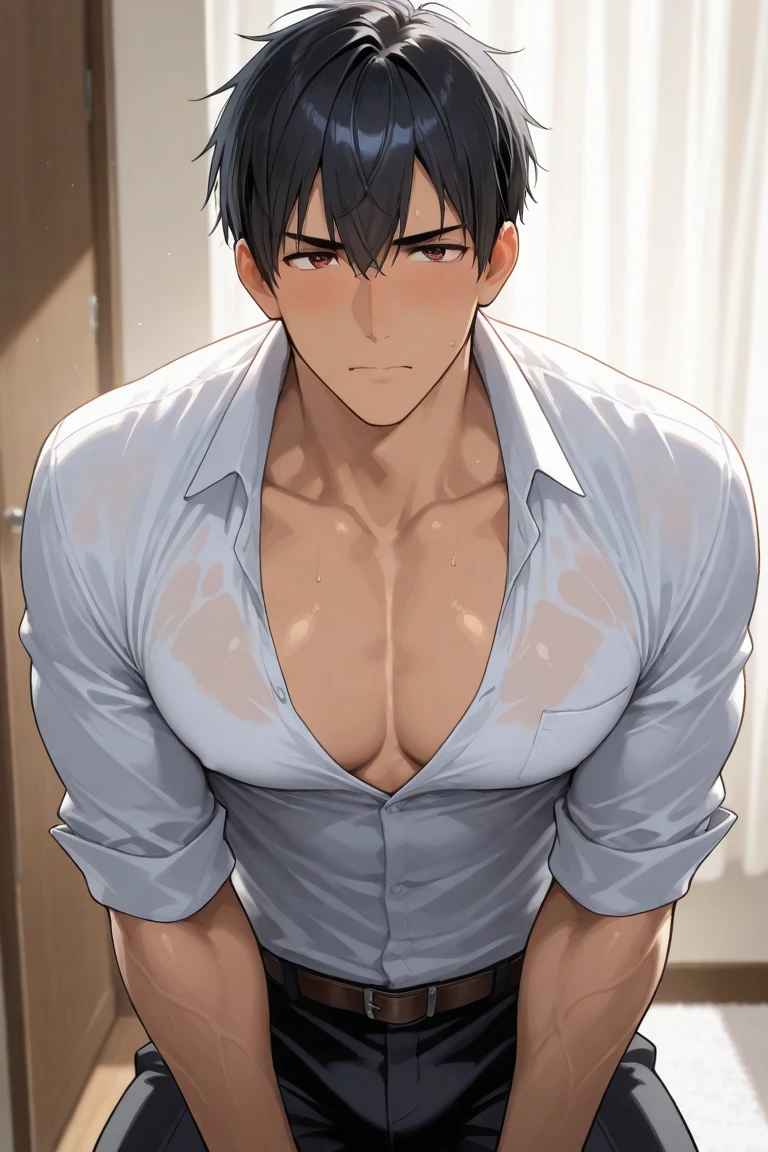 One boy, Face Focus, Adult, sexy, highest quality, employment, Detailed face, office, Building seen from the window, Detailed Background, Diffused sunlight, Depth of written boundary, Bokeh、Huge and very heavy pectoral muscles、tits、hentai、muchimuchi