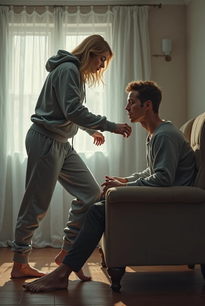 A 170 cm tall, 24-year-old woman with very pale skin, vibrant maroon, wavy medium-length hair layered and parted to the side, fit and toned figure, and pale blue eyes. She is wearing a white off-shoulder sweater and lavender shorts. The woman is straddling the hips of a 22-year-old man who is lying supine underneath her with a lean build, short platinum blond layered hair with side-swept bangs, blue eyes, and Germanic-Icelandic features. He is wearing tight black pants and a red T-shirt. The woman has an incredulous expression as she looks down at the man she has pinned to the floor inside a giant walk-in closet. The man has an excited expression looking up at her. The scene is photorealistic and cinematic.