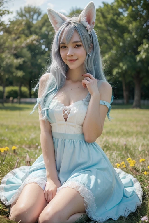 Lori, Leprechaun, White hair: long, Blue eyes, Small breasts, vests, garters, Hair Accessories, Seductive smile, Gaze, Head tilt, behind arms, (slim), (thin legs: Open legs), high detailing, Best Quality, masutepiece, Detailed ice, cumulonimbus clouds, beautiful details glow, Ice Crystal Texture Wings, barechested