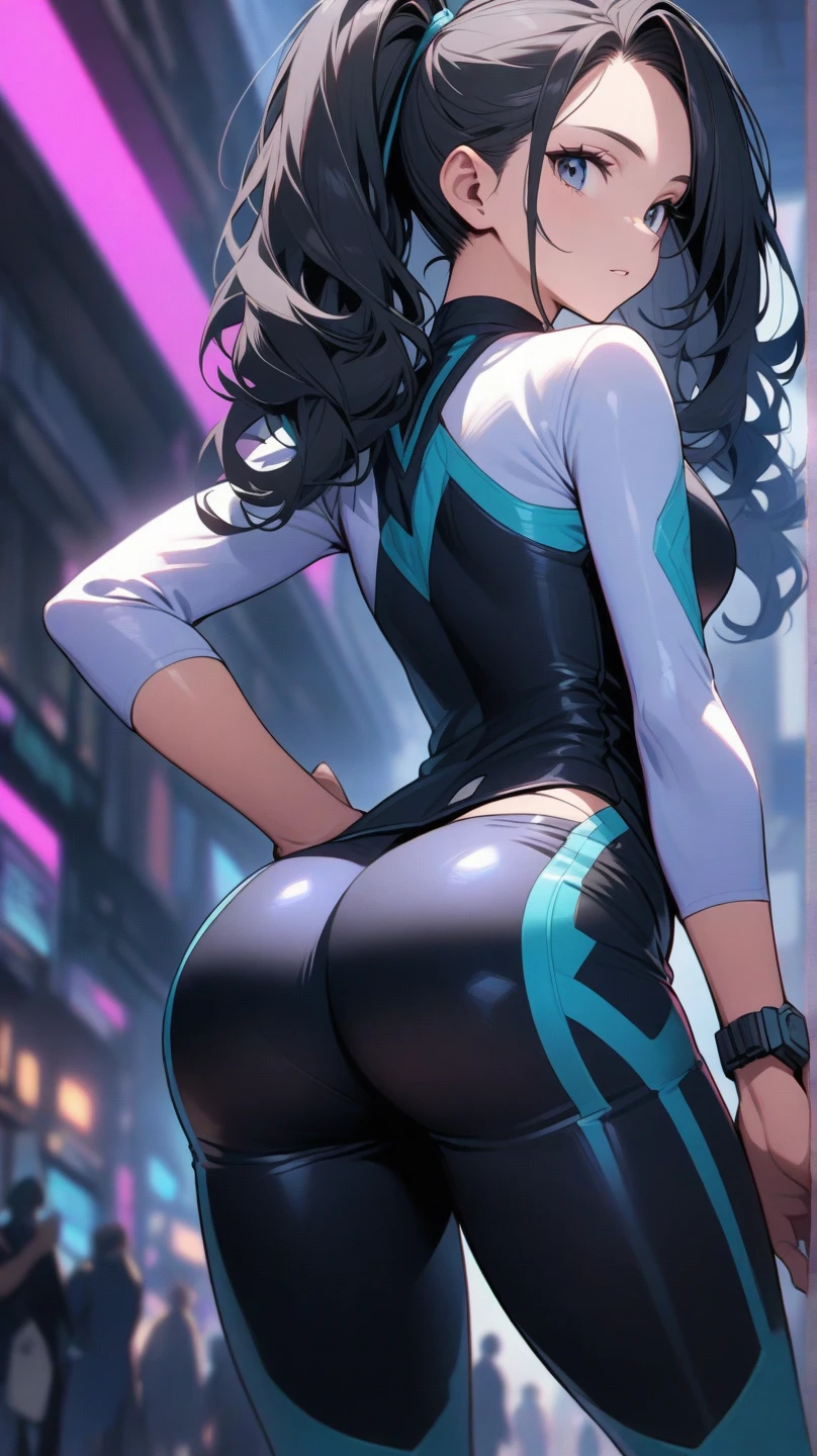 looking back,juri han,standing with your back to the viewer,beautiful young warrior , with a very detailed and beautiful face, beautifuleyes, beautifuleyes, gorgeous face, glowing purple eyes,beautiful young woman wearing long black leggings with black details, usando leather jacket preta, Standing in an office, wearing black boots, horn hair, with black fringe, , evil smile ,white sweater with strap around, serious look,usando leather jacket preto, leather jacket,yellow lighting, evil smile,leggings,hands in pocket,beautiful ass detailed
