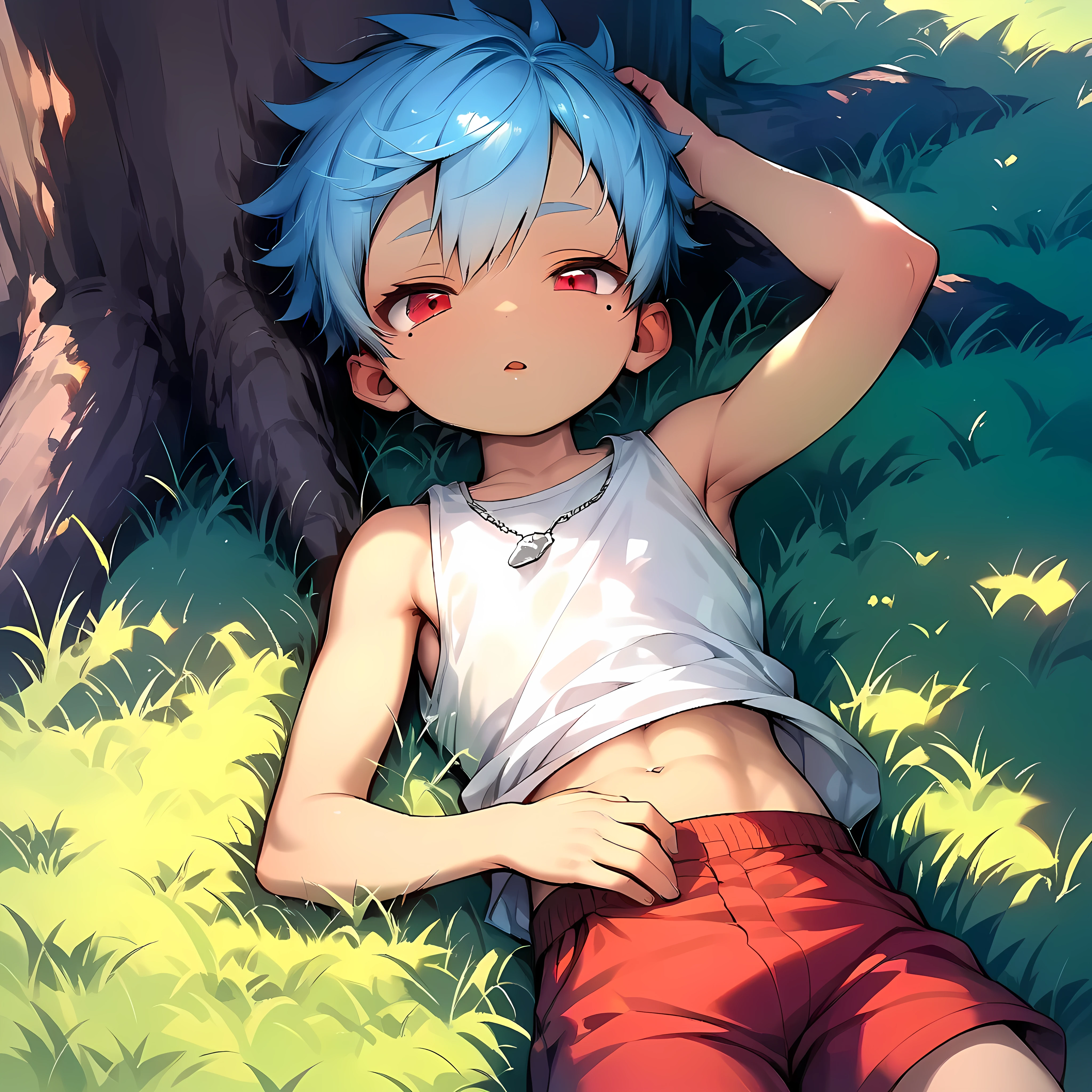 (score_9, score_8_up), (perfect face), (detailed face:1.3), (detailed eyes:1.3), cute eyes, shiny eyes, (masterpiece eyes), (cute face:1.2), (solo), (shota:1.5), (sleeping on grass:1.3), (arched back), (one hand on head:1.2), BREAK (white tank top), (red short pants), BREAK (light blue hair), (wine red eyes), (black irises), (eyes with highlight:1.2), (mole under eye), (half closed eye), (another eye closed), BREAK (on grass under tree:1.2), (soft tree shadow), (soft white lighting:1.2), (silver necklace), abs, (look at viewer), (soft natural lighting), wind blowing, wide shot, from above, wide shot,