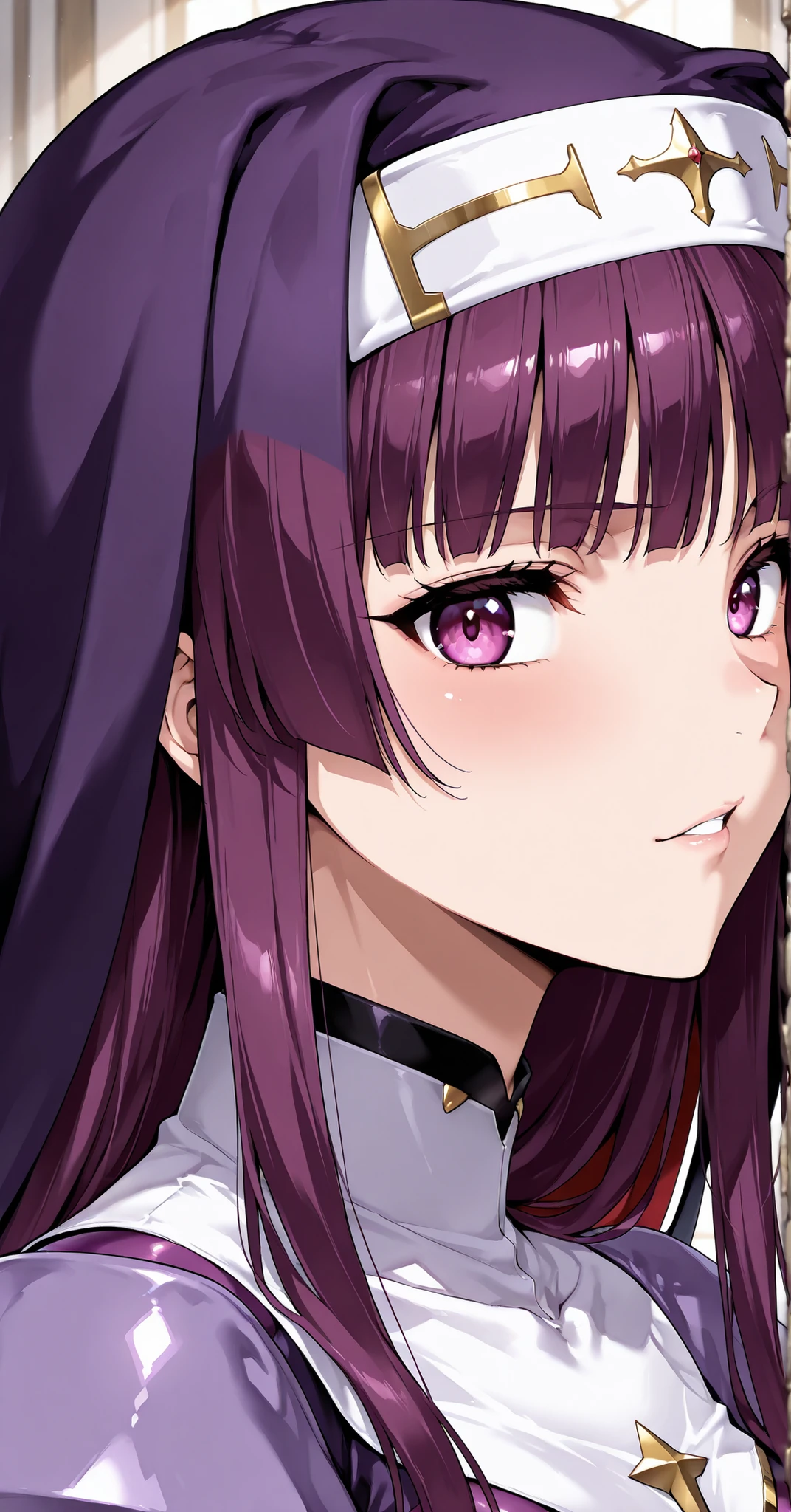 score_9, score_8_up, score_7_up, k4m0r1,1girl,purple bodysuit,habit,purple eyes, portrait,source_anime, retrowave