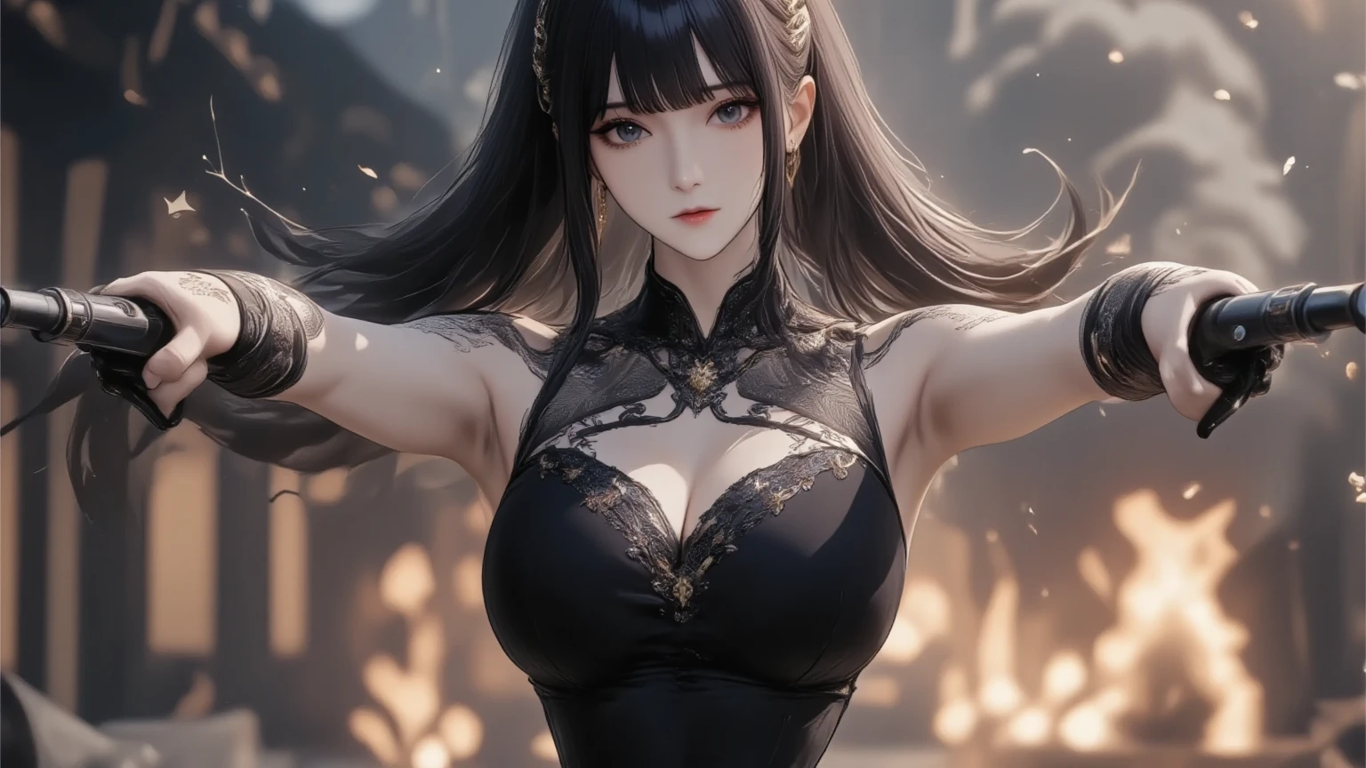 (Hyper-realistic) , (illustratio), (Increase the resolution), (8K), (extremely detaile), (Most Best Illustration), (美丽细致的眼睛), (best qualtiy), (ultra - detailed), (tmasterpiece), ( wallpaper), (详细的脸), 独奏,1个Giant Breast Girl, looking at viewert, exquisite detailing, 详细的脸, in the darkness nigth, deep shading, low tune,pureerosfaceace_v1, ssmile,long whitr hair，Black shawl straight hair，46 points oblique bangs ，big breasts exposed cleavage