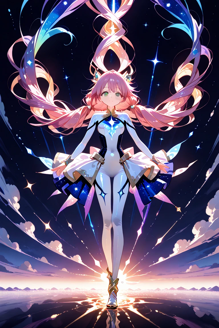 1 girl, superhero, mature woman, leotard, barefoot, Knee-high boots, gloves, shining body, the light that surrounds her body, particles of light, space background, Are standing, put your hands on your hips, cowboy shot, full body shot, super powers, perfect anatomy, cowboy shot.