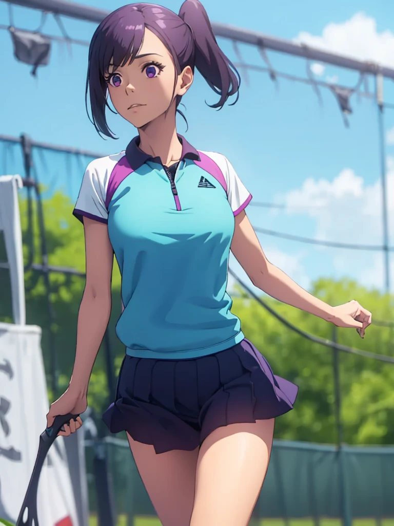 1girl, solo, white polo shirt, white sneakers, tennis wear, white miniskirt, masterpiece, best quality, realistic, hyper-detailed, (shiny skin, sweaty:1.4), absurd, looking at viewer, short black hair, brown eyes, slender, dynamic lighting, high resolution, sharp focus, depth of field, detailed eyes, sharp pupils, realistic pupils, (small breasts:1.6), (thick thighs:1.0), outdoor, sky, naked