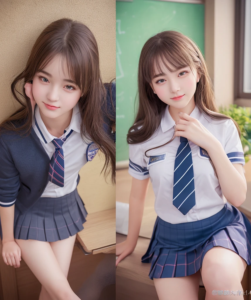(2 young girls), (very detailed美しい顔), wonderful face and eyes, (highest quality:1.4), (super detailed), (very detailed CG 統合 8k 壁紙), very detailed, High resolution raw color photos, professional photography, realistic portrait, wonderful face and eyes, pink eyes, twin tails, (High School Uniform, pleated mini skirt:1.3), (High School Uniform with wide open breasts:1.2), (See-through sheer panties), ((beautiful breasts)), (bare chest:1.1), brown hair, model, (No bra, No panties:1.2), sitting, ((open your legs)), (cleft of venus:1.3), (((Bokeh))), Depth of bounds written, School, classroom,
