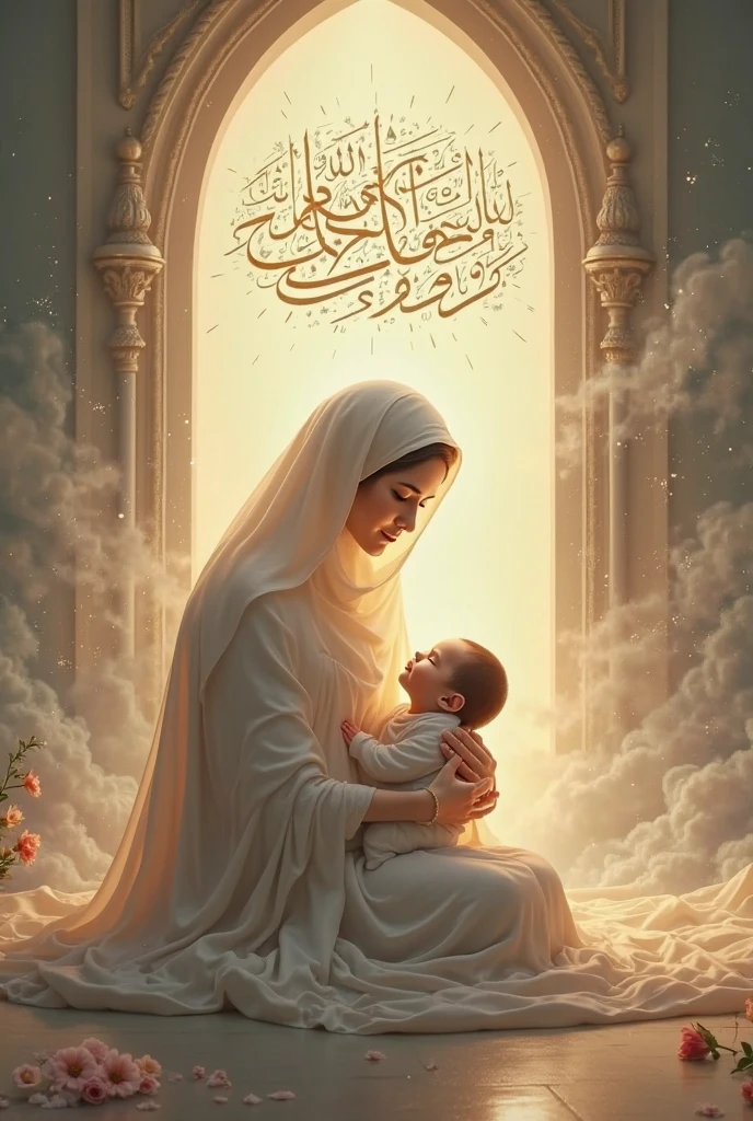 masterpiece, persian woman in hijab and , holy virgin mary with little boy in her arms, ((halo over head)), smiling, heavenly sky, half body, ((divine light)), ethereal, clouds, back lighting, realistic portrait, symmetrical, strong, intricate drawing, highly detailed, digital painting, art station, concept art, fluid, sharp focus, illustration, against heaven's gate, cinematic lighting, works by artgerm and greg rutkowski and alphonse mucha
